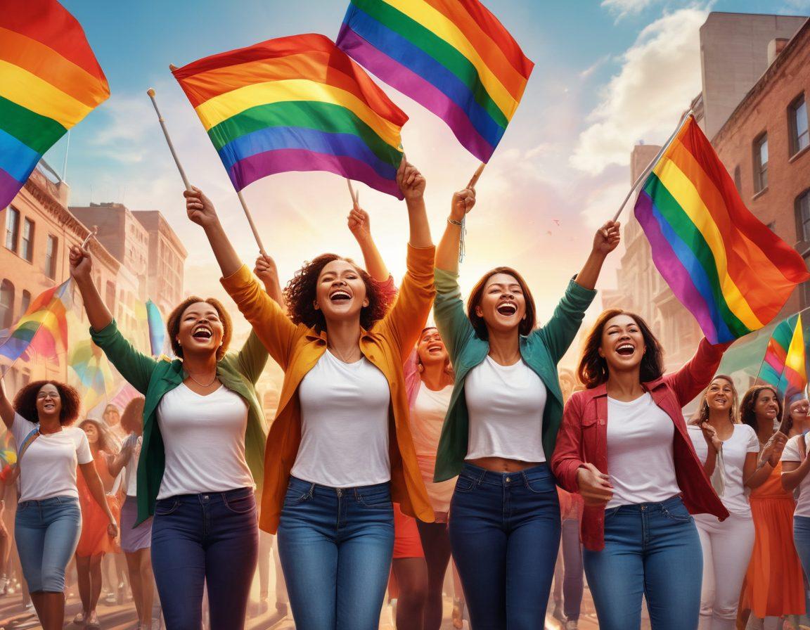 A powerful illustration featuring a diverse group of women, expressing joy and strength while holding rainbow flags. In the background, a vibrant cityscape symbolizes progress and activism. The women are engaged in an uplifting dialogue, surrounded by symbols of love and equality. The scene radiates a sense of community and empowerment. vibrant colors. 3D effect.