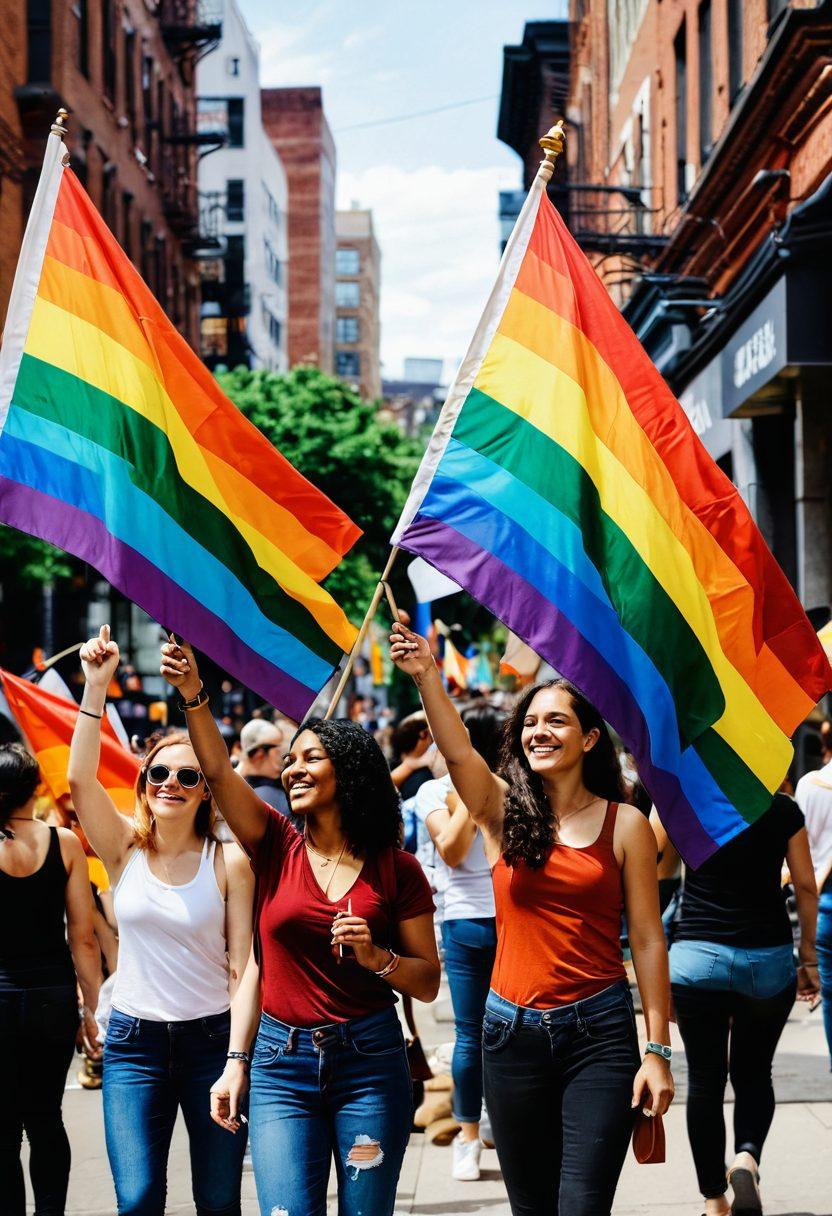 A rich tapestry intertwining symbols of lesbian culture, like rainbow flags, unique art pieces, and protest signs, set against a backdrop of a lively urban gathering. Diverse women from various backgrounds share stories and support, radiating joy and resilience, while vibrant colors reflect the essence of activism and community spirit. The atmosphere is warm and inviting, embodying solidarity and empowerment. 3D. vibrant colors. modern artistic style.